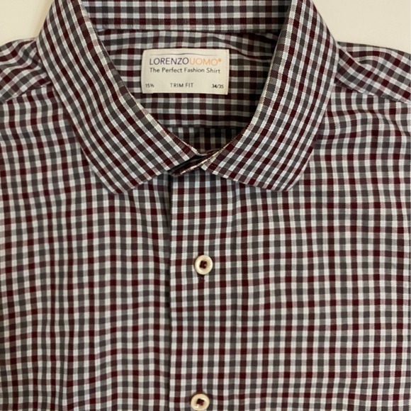 Lorenzo Uomo Trim Fit 15.5 34/35 White Gray Red Check Gingham Button Front Shirt - Picture 8 of 11